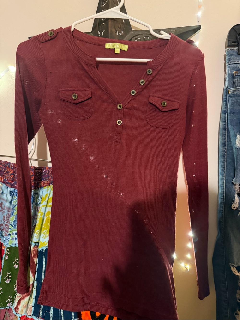 Ribbed Long-Sleeve Henley Top in Burgundy - Avital